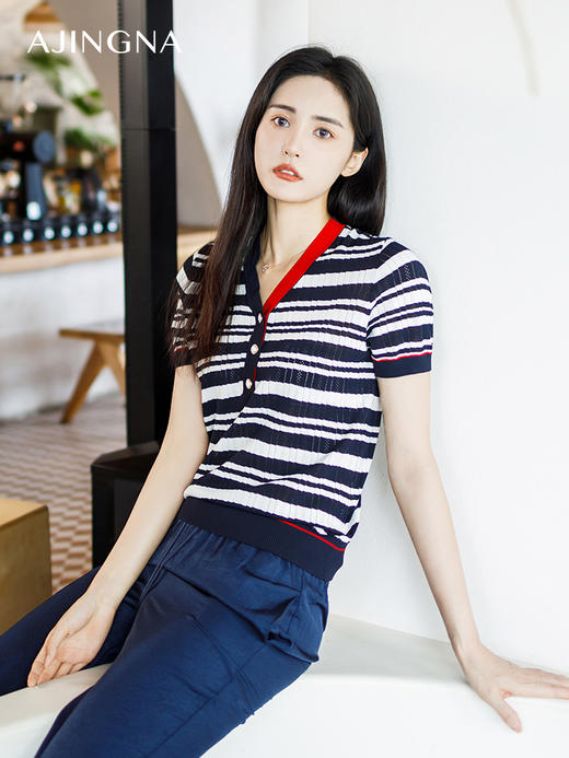 【商场同款】阿菁娜2024夏季新款撞色肌理感条纹毛衫A29X301008 商品图1