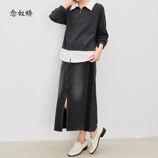 【商场同款】CNS4895 “ 摩登牛仔裙  ” 经典烟灰色智性优雅 直筒裙型视觉上拉长比例 拼色设计视觉显瘦 摩登时尚 牛仔直筒半裙 商品图13