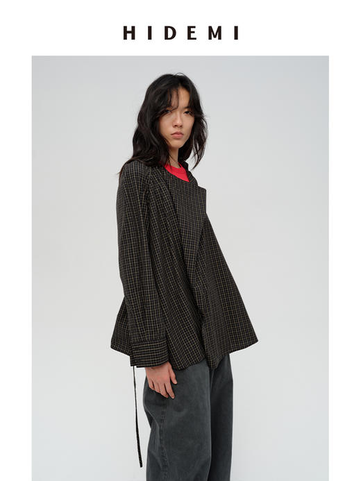 HIDEMI 限定色织格纹极简廓形设计感堆叠感可拆卸腰带式宽松版衬衫 商品图4