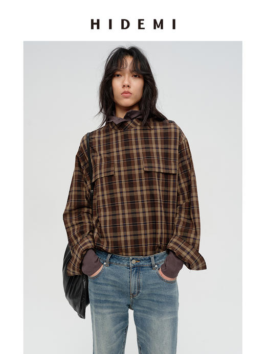 HIDEMI 限定色织格纹极简设计感口袋圆领宽松小男孩衬衫 商品图10