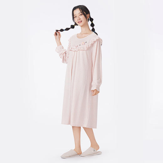 都市丽人睡衣会员精选长袖裙家居服针织色织格提花薄女士棉质睡裙LHT6G9 商品图2