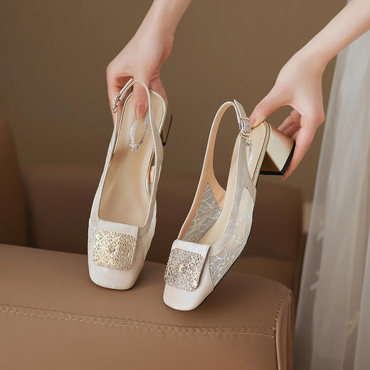 【预售5天】透气网纱真皮包头凉鞋法式中跟后空方头百搭粗跟女夏HYT&7343 商品图2