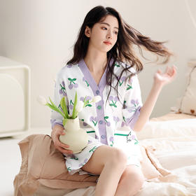 芬腾夏款睡衣女纯棉薄款V领开衫短袖短裤套装舒适新款夏季家居服