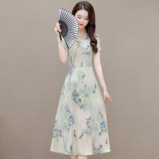 印花V领连衣裙，中式国风裙QYM-TYH-247281-Y 商品图1