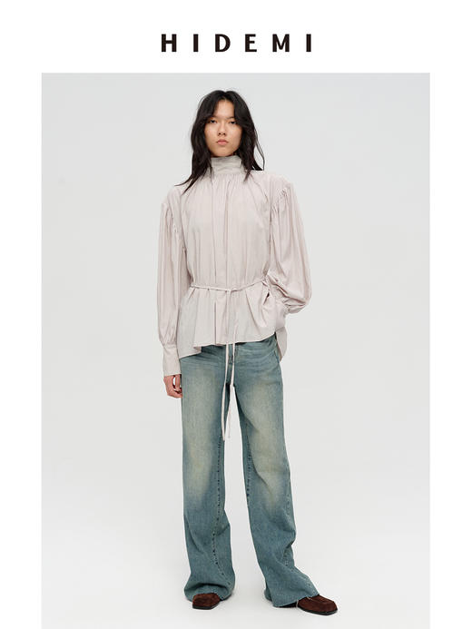 HIDEMI 极简廓形褶皱感立领丝巾绑带多穿式可拆卸腰带微褶衬衫上衣 海鸥灰/古铜砖红 商品图1
