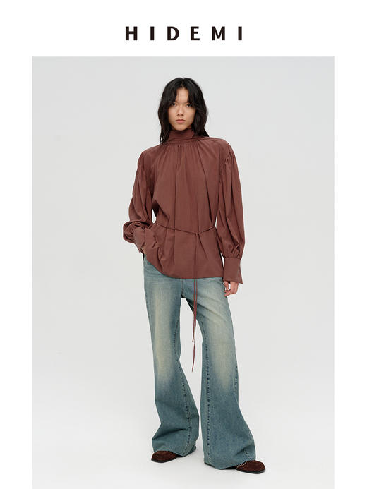 HIDEMI 极简廓形褶皱感立领丝巾绑带多穿式可拆卸腰带微褶衬衫上衣 海鸥灰/古铜砖红 商品图5