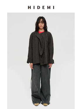 HIDEMI 限定色织格纹极简廓形设计感堆叠感可拆卸腰带式宽松版衬衫