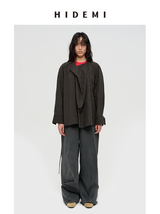 HIDEMI 限定色织格纹极简廓形设计感堆叠感可拆卸腰带式宽松版衬衫 商品图0