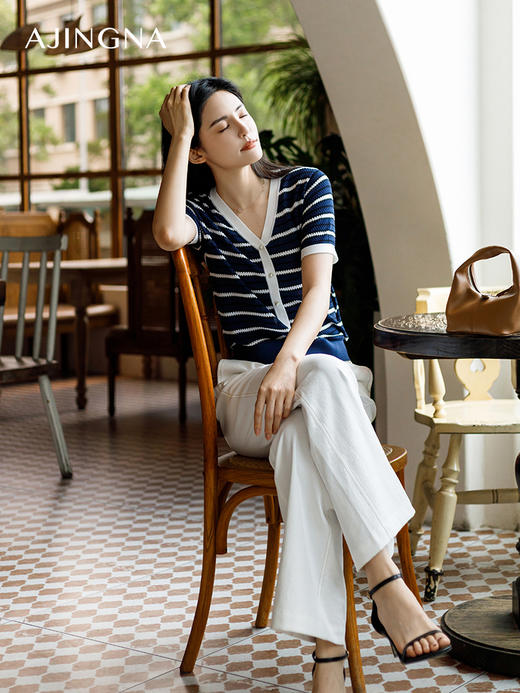 【商场同款】阿菁娜2024夏季新款V领百搭撞色条纹毛衫A29X301068 商品图4