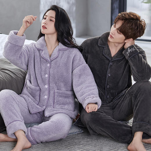 芬腾睡衣秋冬情侣男女士珊瑚绒纯色加绒加厚法兰绒保暖家居服套装 商品图1