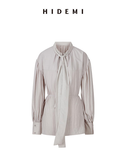 HIDEMI 极简廓形褶皱感立领丝巾绑带多穿式可拆卸腰带微褶衬衫上衣 海鸥灰/古铜砖红 商品图8