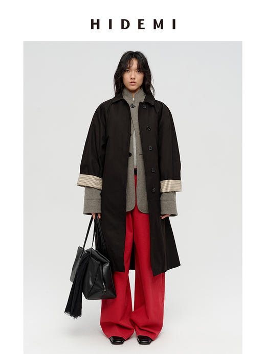HIDEMI【吴千语同款】极简廓形设计感复古宽肩格纹拼接卷边式长款风衣 黑色/卡其色 商品图0