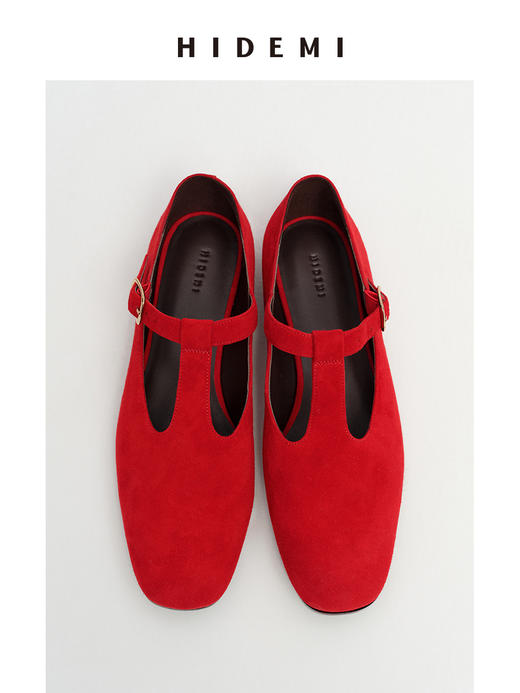 HIDEMI 【董生活同款】进口做旧麂皮复古方圆头宽带玛丽珍平底鞋 复古红/姜黄色/巧克力棕 商品图8