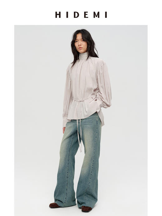 HIDEMI 极简廓形褶皱感立领丝巾绑带多穿式可拆卸腰带微褶衬衫上衣 海鸥灰/古铜砖红 商品图2