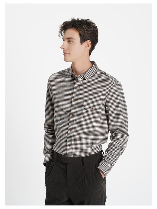 callisto“绒”系列咖色纯棉休闲长袖衬衫 商品图3