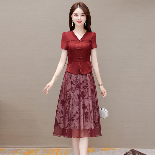 中式复古时尚连衣裙，V领短袖国风优雅假两件裙QYM-CR-YZY23A03-L 商品图0