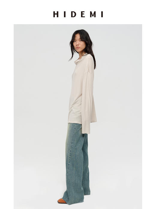 HIDEMI 经典极简立领堆堆领甄选醋酸羊毛弹力绒感针织长袖上衣 奶茶色/艺术炭灰 商品图3