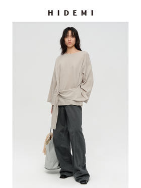 HIDEMI 极简廓形设计感腰部丝巾不对称水洗纯棉衬衫上衣