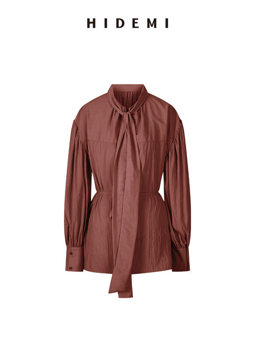 HIDEMI 极简廓形褶皱感立领丝巾绑带多穿式可拆卸腰带微褶衬衫上衣 海鸥灰/古铜砖红 商品图7