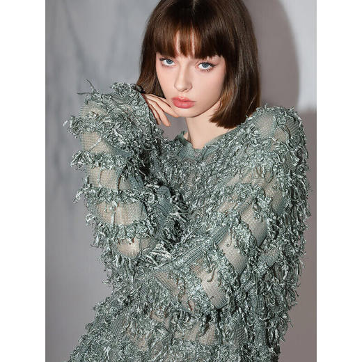 COCOBELLA设计感微透视流苏罩衫早秋名媛风毛边针织衫SE7006 商品图1