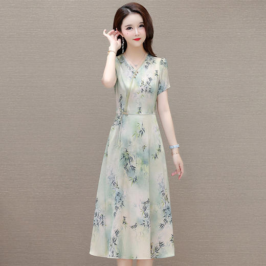 印花V领连衣裙，中式国风裙QYM-TYH-247281-Y 商品图0