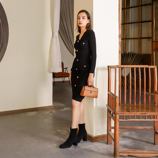 阿么手工女鞋黑色短筒弹力靴2025新款增高显瘦粗跟袜靴秋冬女5CM 商品图4