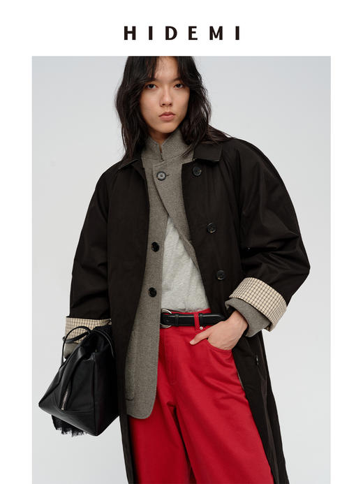 HIDEMI【吴千语同款】极简廓形设计感复古宽肩格纹拼接卷边式长款风衣 黑色/卡其色 商品图6