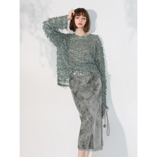 COCOBELLA设计感微透视流苏罩衫早秋名媛风毛边针织衫SE7006 商品图2