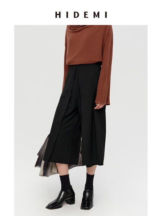 HIDEMI 【当当同款】极简显瘦手工边中高腰立体翻折设计感七分阔腿裤 深灰色/黑色/橄榄棕/奶油米白 商品图8