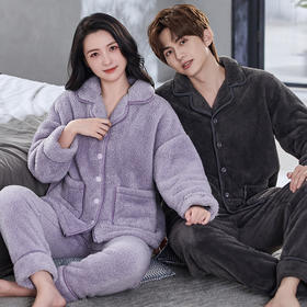 芬腾睡衣秋冬情侣男女士珊瑚绒纯色加绒加厚法兰绒保暖家居服套装