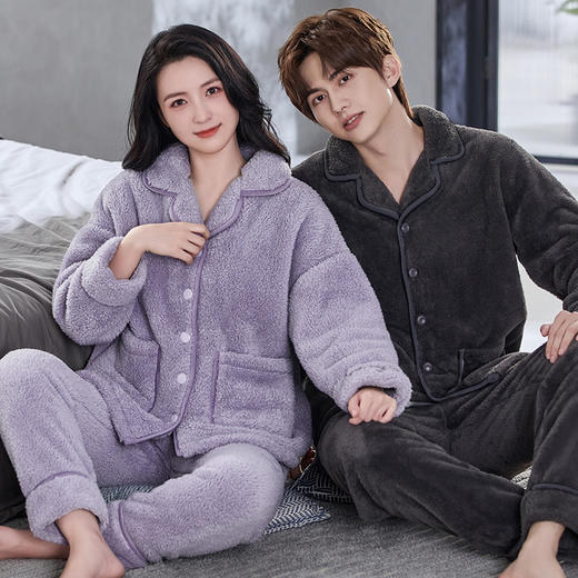 芬腾睡衣秋冬情侣男女士珊瑚绒纯色加绒加厚法兰绒保暖家居服套装 商品图0