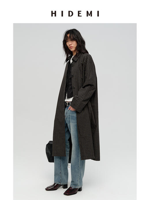 HIDEMI 限定色织格纹极简廓形长款风衣 商品图2