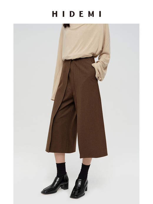 HIDEMI 【当当同款】极简显瘦手工边中高腰立体翻折设计感七分阔腿裤 深灰色/黑色/橄榄棕/奶油米白 商品图7