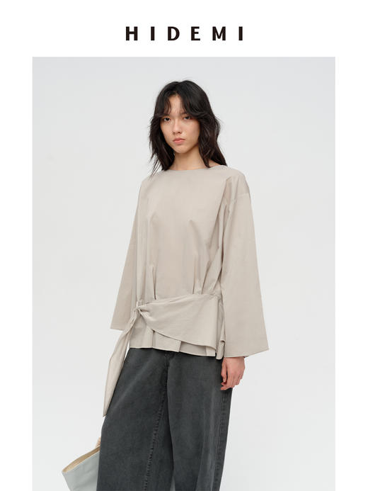 HIDEMI 极简廓形设计感腰部丝巾不对称水洗纯棉衬衫上衣 商品图3