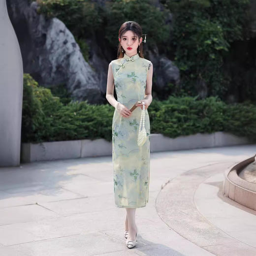 夏款网纱印花无袖改良版绿色修身旗袍SJT676 商品图1