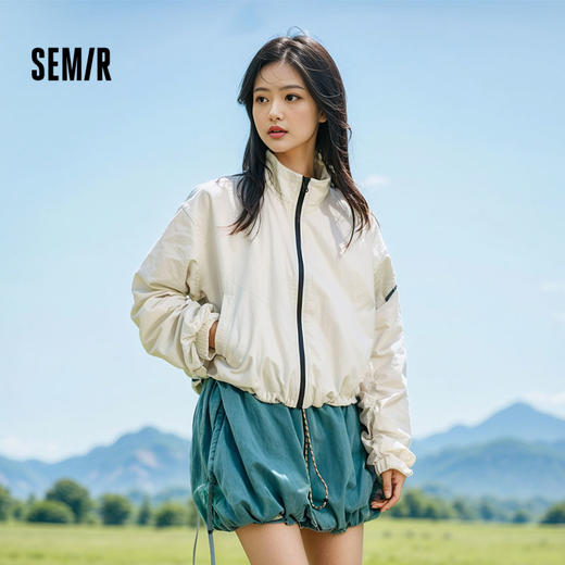 森马外套女立领格纹肌理秋季新款oversize抽绳撞色夹克时尚潮 商品图0