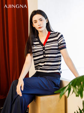 【商场同款】阿菁娜2024夏季新款撞色肌理感条纹毛衫A29X301008