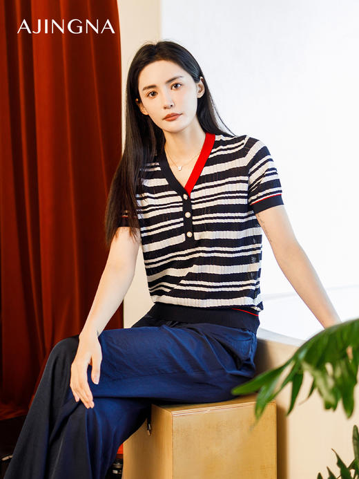 【商场同款】阿菁娜2024夏季新款撞色肌理感条纹毛衫A29X301008 商品图0