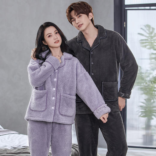 芬腾睡衣秋冬情侣男女士珊瑚绒纯色加绒加厚法兰绒保暖家居服套装 商品图3