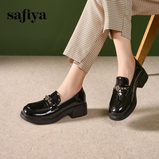 Safiya/索菲娅2024英伦风复古玫瑰扣漆皮圆头百搭粗跟乐福鞋 SF43112087 商品图8