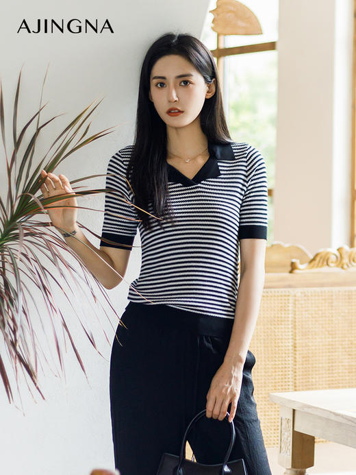 【商场同款】阿菁娜夏季新款简约翻领撞色条纹毛衫A29X301029 商品图4