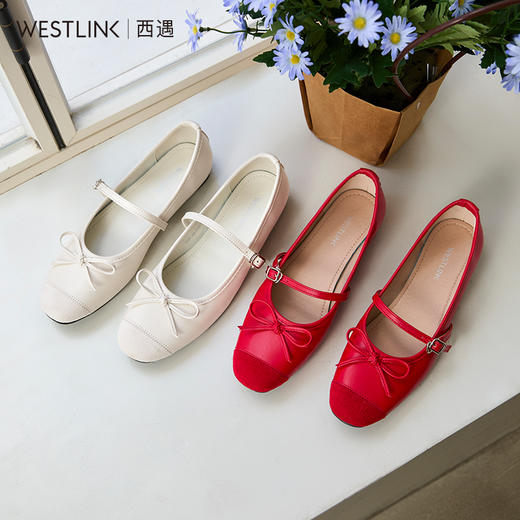 西遇法式芭蕾舞鞋女新款早春蝴蝶结浅口单鞋红色低跟玛丽珍鞋D0047346 商品图0