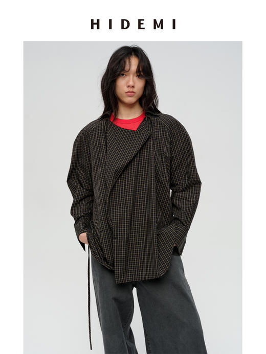 HIDEMI 限定色织格纹极简廓形设计感堆叠感可拆卸腰带式宽松版衬衫 商品图2