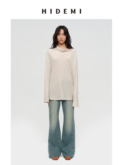 HIDEMI 经典极简立领堆堆领甄选醋酸羊毛弹力绒感针织长袖上衣 奶茶色/艺术炭灰 商品图2