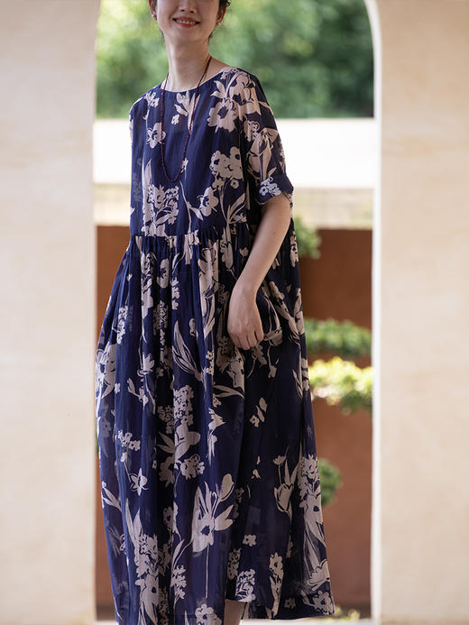 牧衣游原创 印花丝棉连衣裙新款轻薄设计艺术感宽松气质长裙 赫野 商品图1