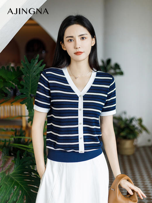 【商场同款】阿菁娜2024夏季新款V领百搭撞色条纹毛衫A29X301068 商品图0