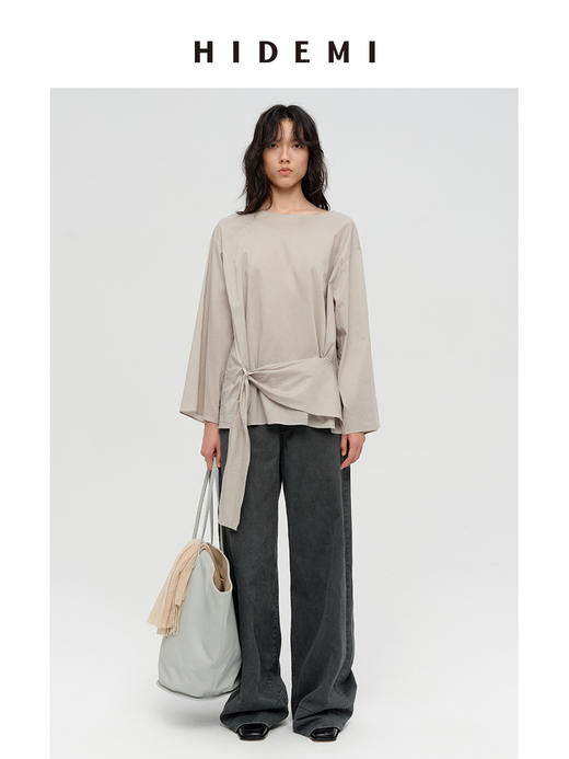 HIDEMI 极简廓形设计感腰部丝巾不对称水洗纯棉衬衫上衣 商品图2