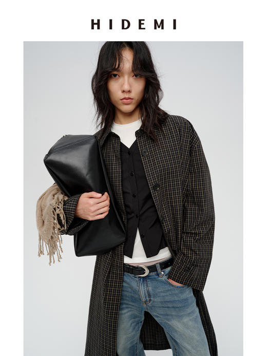 HIDEMI 限定色织格纹极简廓形长款风衣 商品图3
