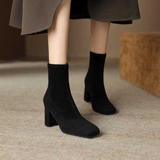 阿么手工女鞋黑色短筒弹力靴2025新款增高显瘦粗跟袜靴秋冬女5CM 商品图3