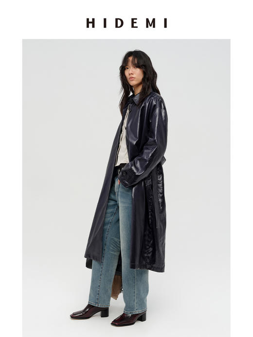 HIDEMI 日本进口亮面纸感纤维极简廓形设计感复古翻领式长款风衣 商品图6